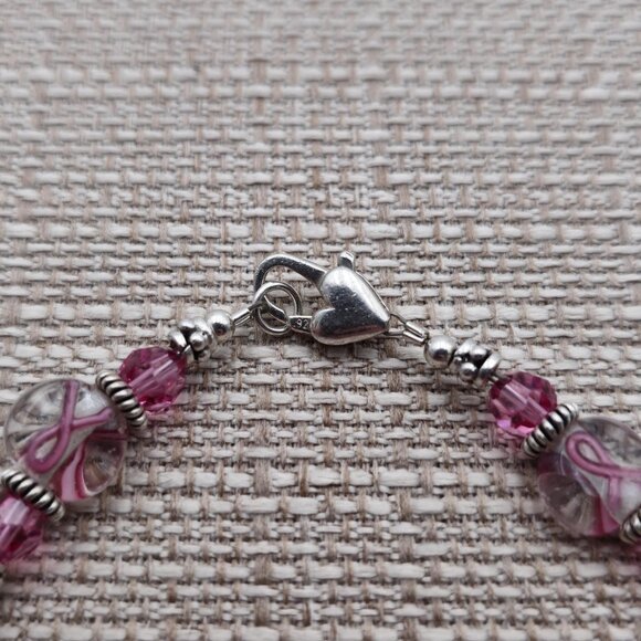7 Inch Sterling Silver Breast Cancer Glass Charms Bracelet B488 - Picture 3 of 5